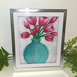 1Oak Framed Art with Pink Tulips in Green Vase framed art home decor